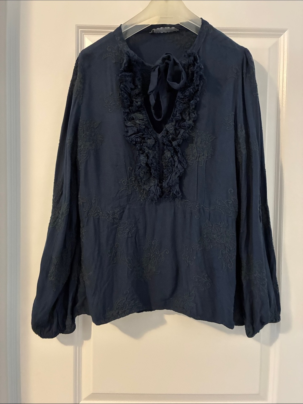 Sandro Ferrone Embroidered Tie Front Blouse Boho Romantic Top Navy